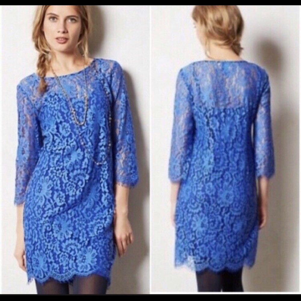 Anthropologie HD in Paris blue lace sheath dress